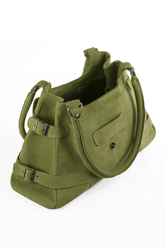 Pistachio green women's dress handbag, matching pumps and belts. Top view - Florence KOOIJMAN